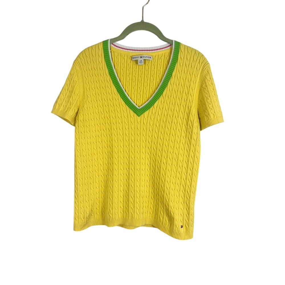 Tommy Hilfiger Cable Knit Sweater Yellow L Preppy Old Money Academia Resort Chic